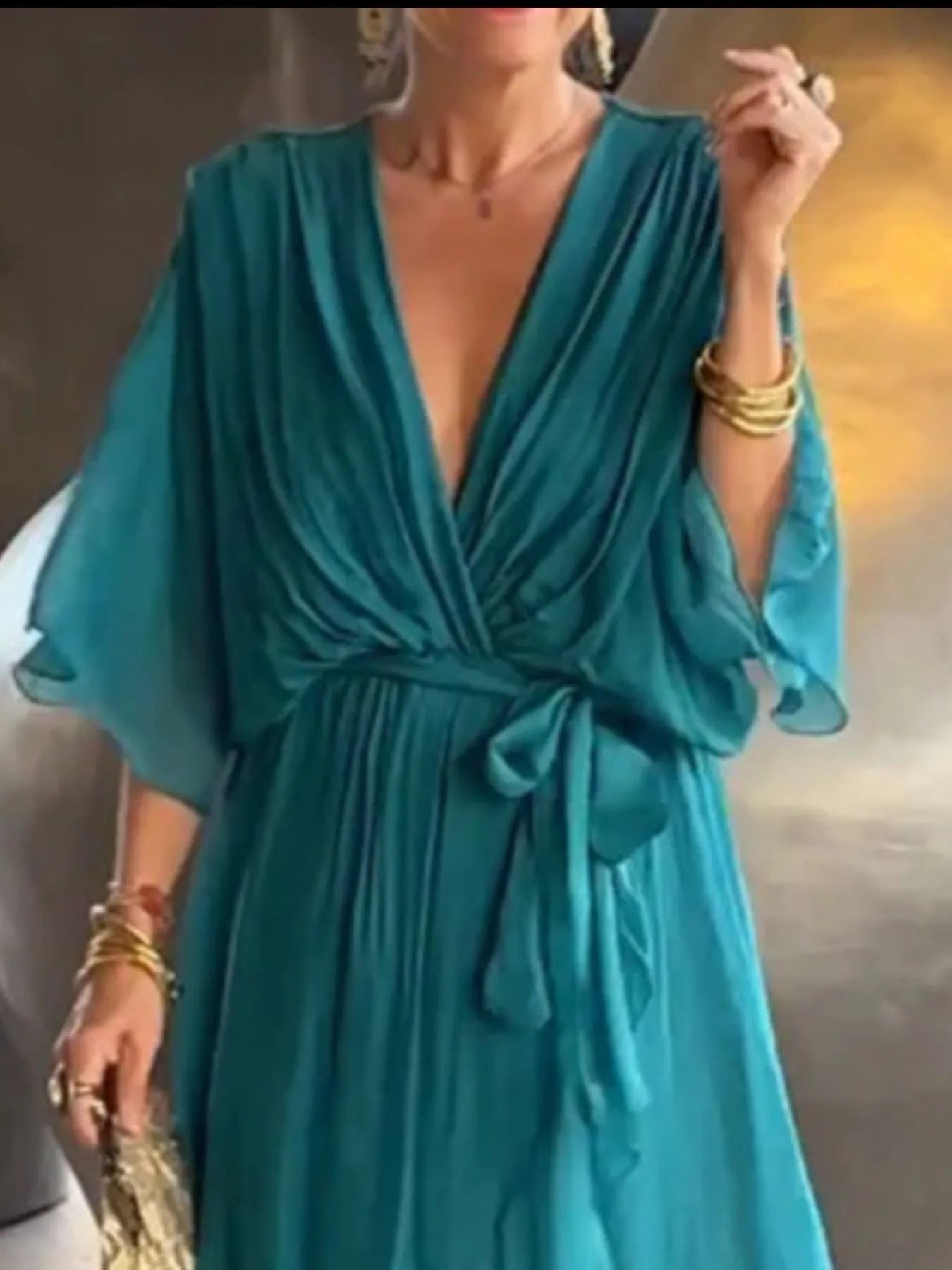 Full Size Flowy Tie Front Midi Dress with Flutter Sleeves Plus Size - Hands of Hope