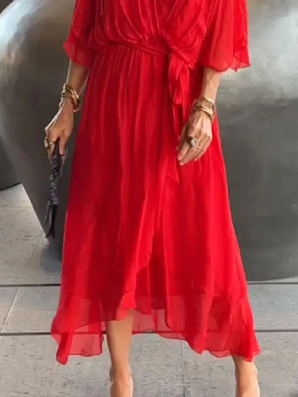 Full Size Flowy Tie Front Midi Dress with Flutter Sleeves Plus Size - Hands of Hope