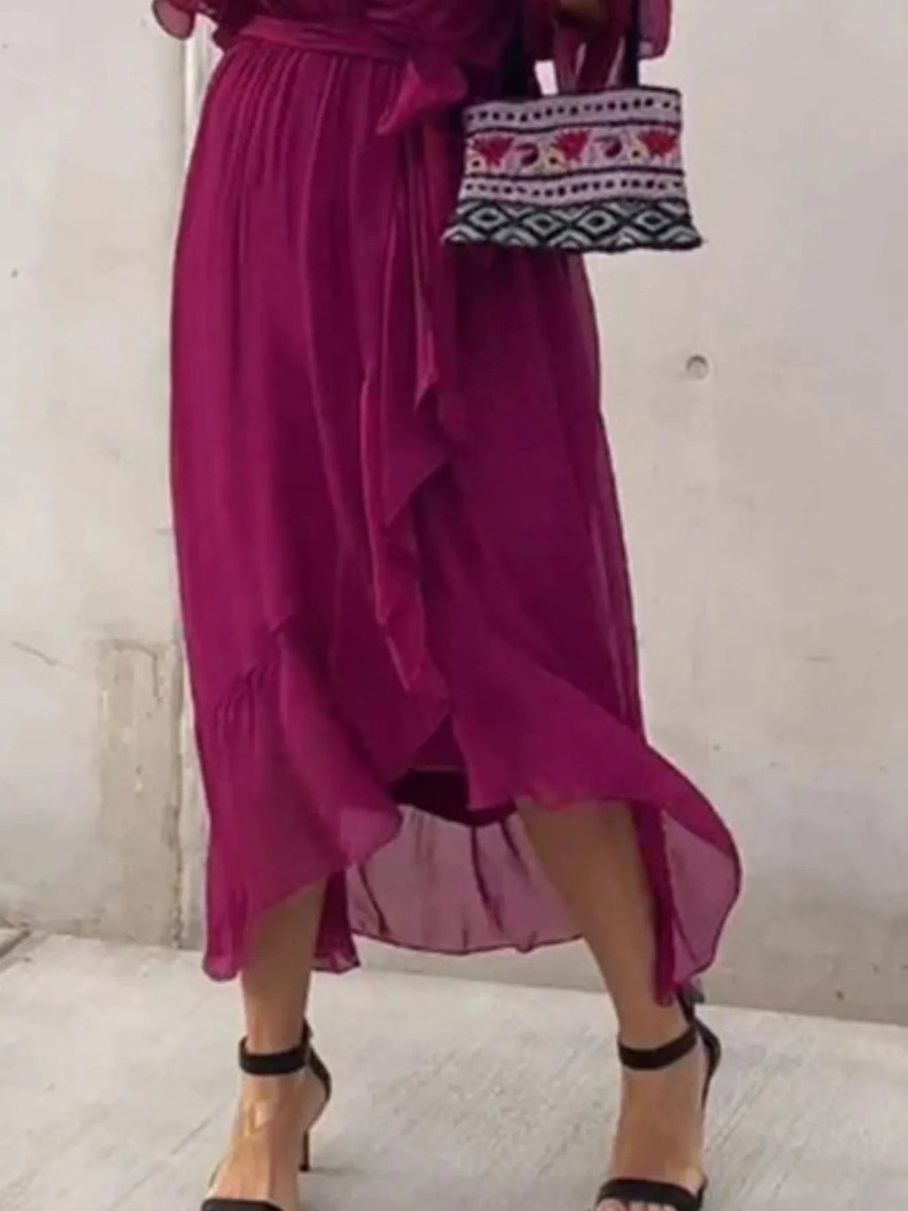 Full Size Flowy Tie Front Midi Dress with Flutter Sleeves Plus Size - Hands of Hope