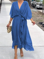 Full Size Flowy Tie Front Midi Dress with Flutter Sleeves Plus Size - Hands of Hope