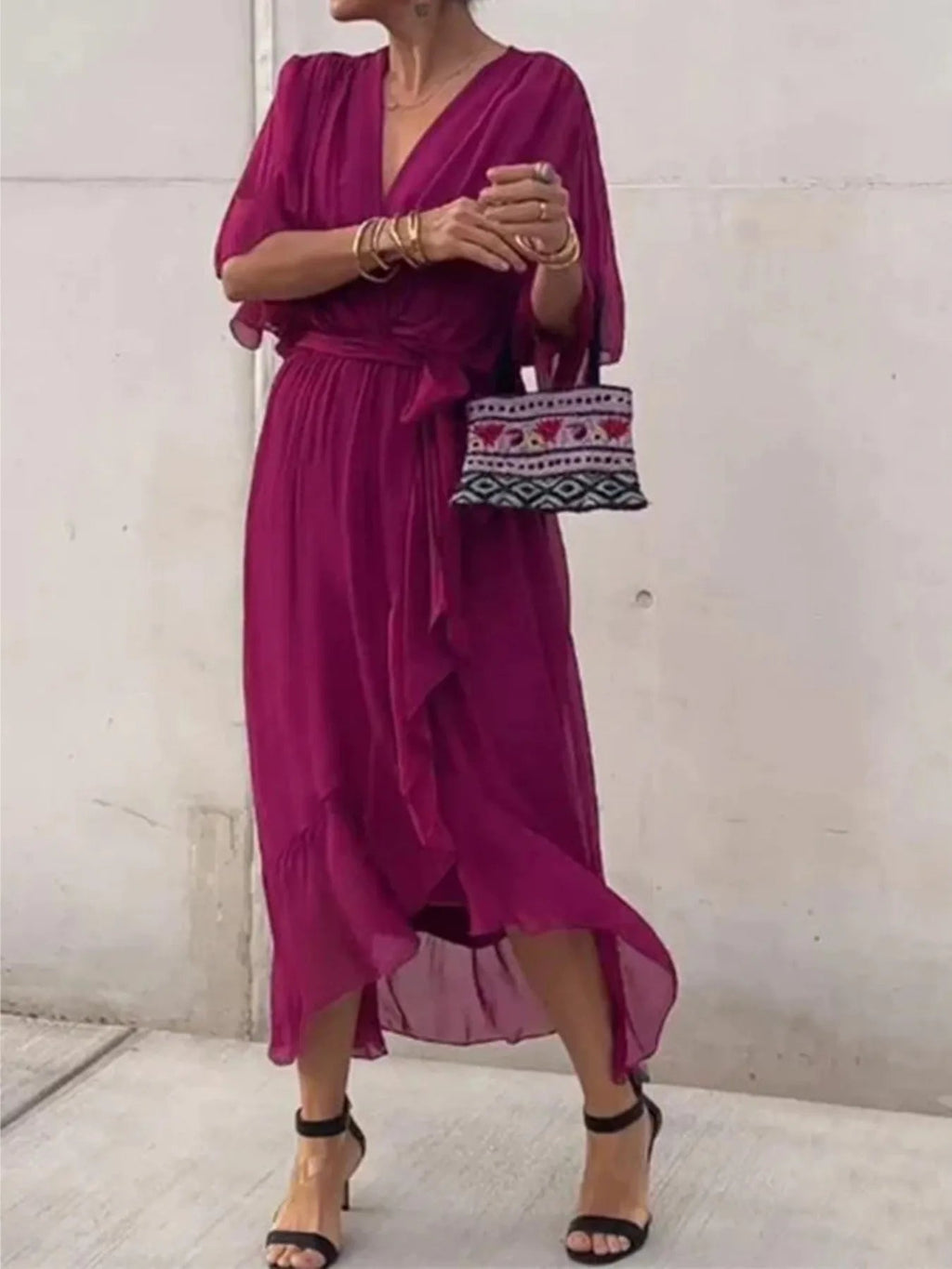 Full Size Flowy Tie Front Midi Dress with Flutter Sleeves Plus Size - Hands of Hope