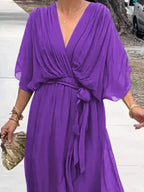 Full Size Flowy Tie Front Midi Dress with Flutter Sleeves Plus Size - Hands of Hope