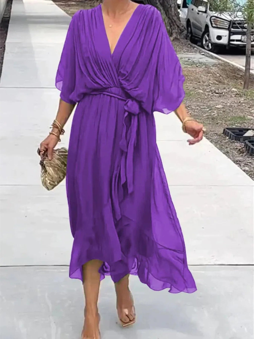 Full Size Flowy Tie Front Midi Dress with Flutter Sleeves Plus Size - Hands of Hope