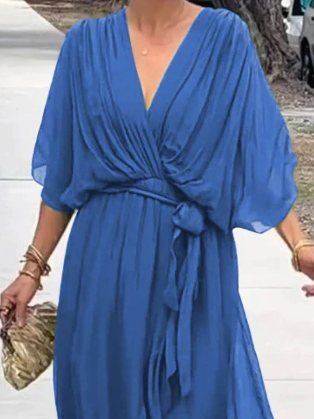 Full Size Flowy Tie Front Midi Dress with Flutter Sleeves Plus Size - Hands of Hope