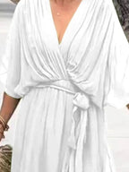 Full Size Flowy Tie Front Midi Dress with Flutter Sleeves Plus Size - Hands of Hope