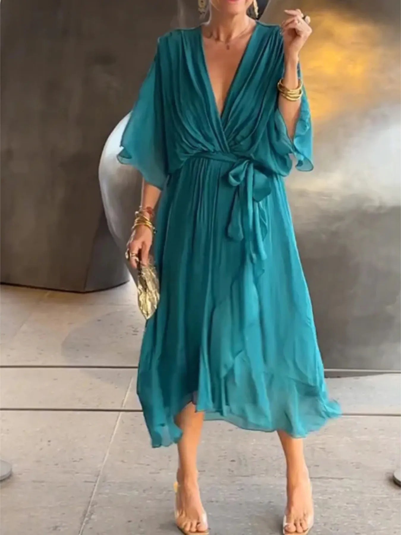 Full Size Flowy Tie Front Midi Dress with Flutter Sleeves Plus Size - Hands of Hope