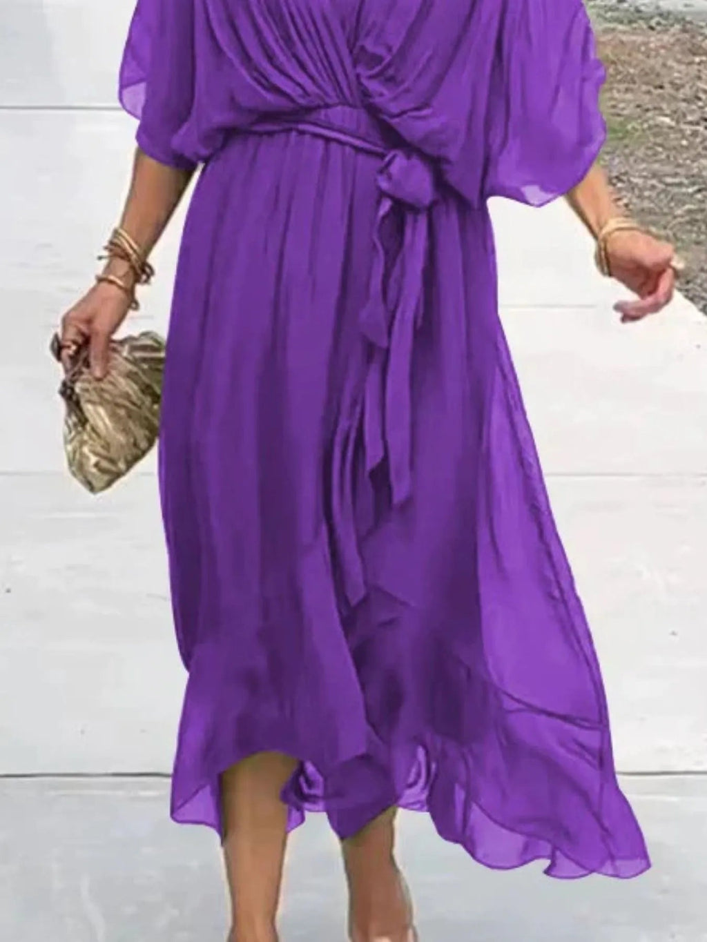 Full Size Flowy Tie Front Midi Dress with Flutter Sleeves Plus Size - Hands of Hope