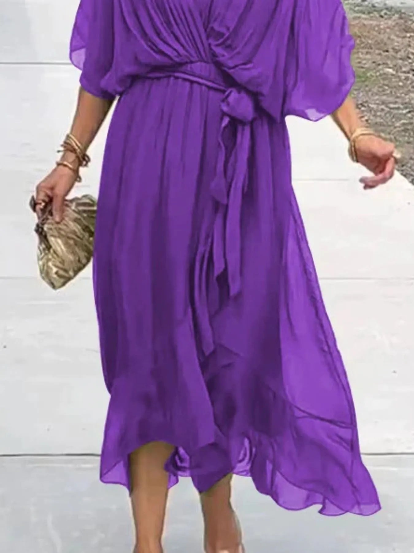 Full Size Flowy Tie Front Midi Dress with Flutter Sleeves Plus Size - Hands of Hope