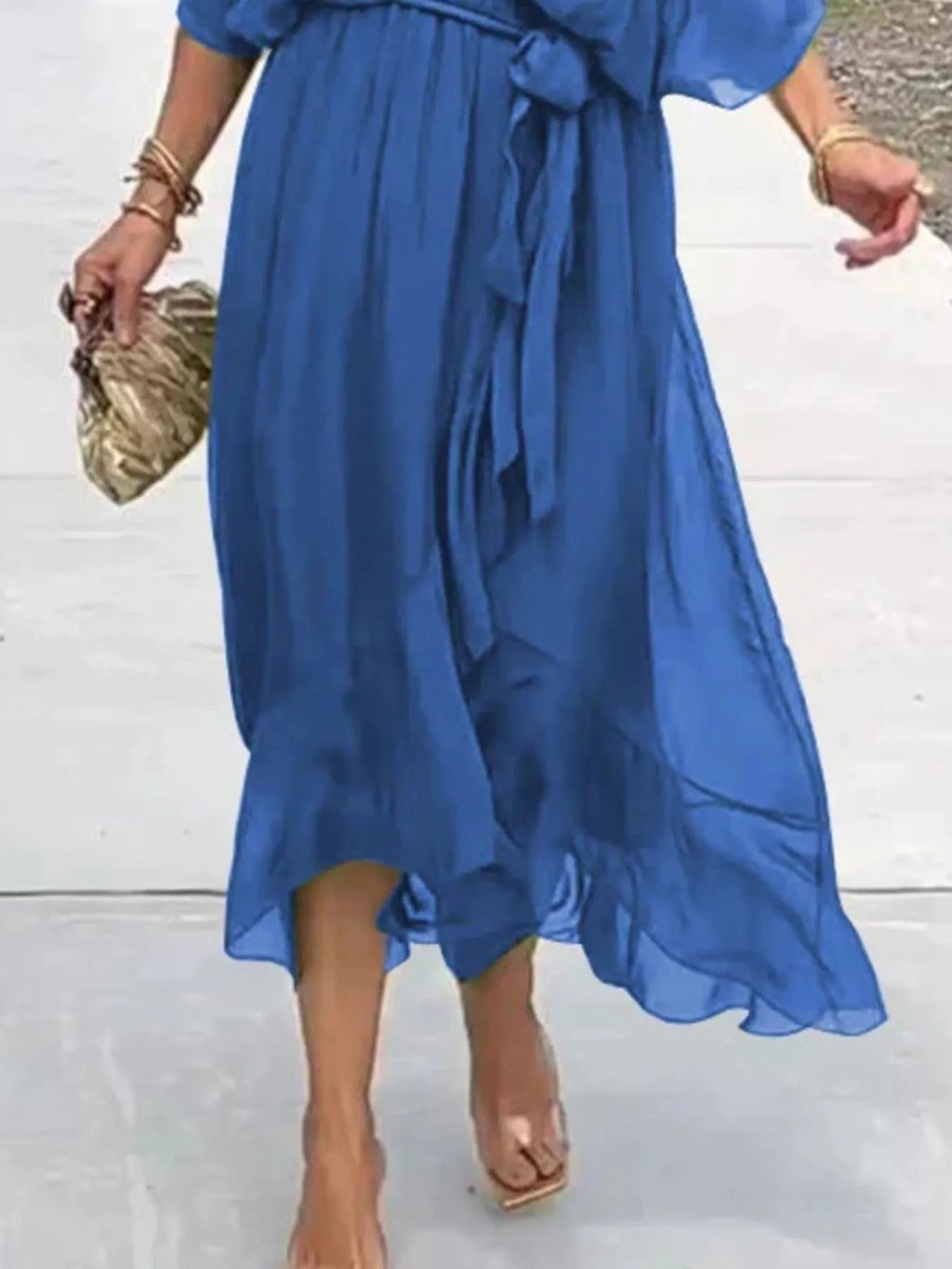 Full Size Flowy Tie Front Midi Dress with Flutter Sleeves Plus Size - Hands of Hope