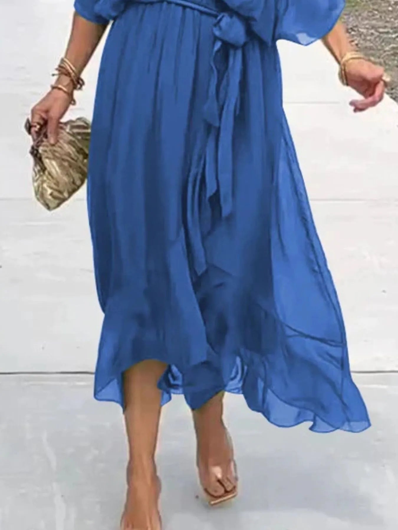 Full Size Flowy Tie Front Midi Dress with Flutter Sleeves Plus Size - Hands of Hope