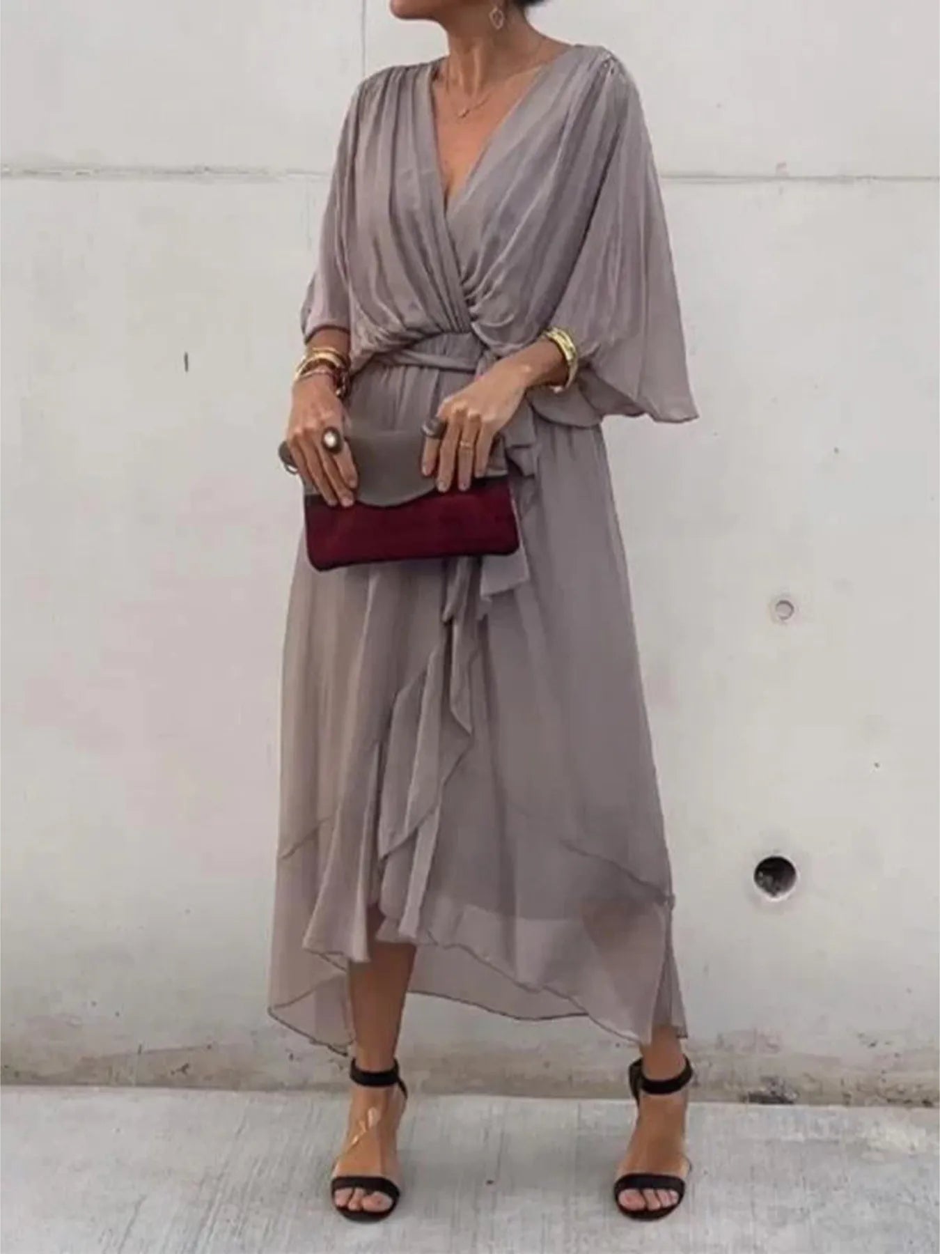 Full Size Flowy Tie Front Midi Dress with Flutter Sleeves Plus Size - Hands of Hope