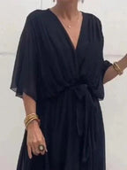 Full Size Flowy Tie Front Midi Dress with Flutter Sleeves Plus Size - Hands of Hope