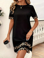 Full Size Leopard Trim Round Neck Mini Dress Plus Size - Hands of Hope