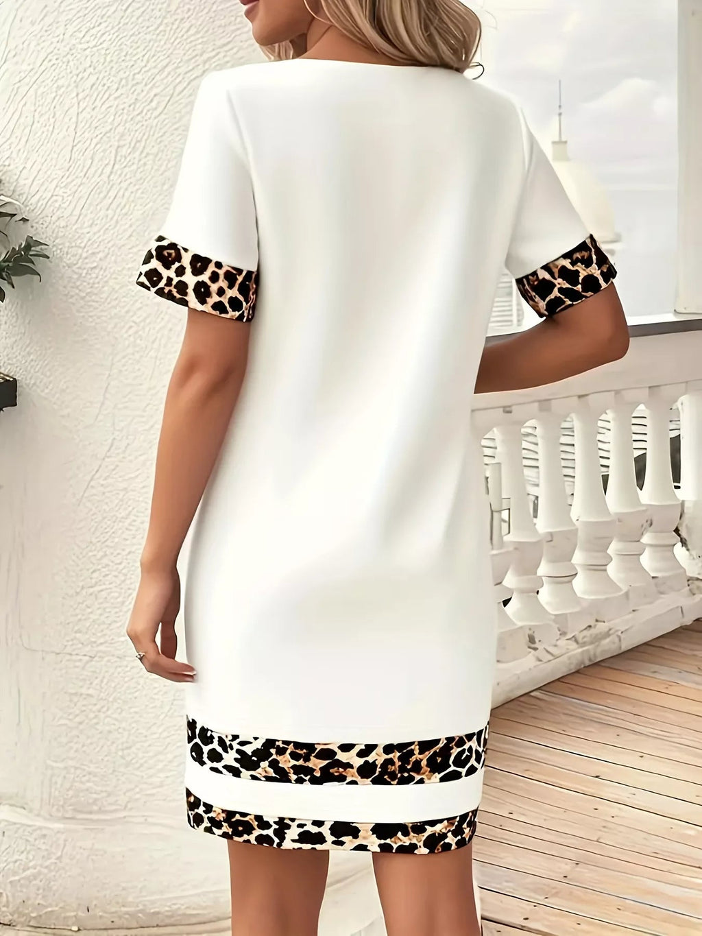 Full Size Leopard Trim Round Neck Mini Dress Plus Size - Hands of Hope
