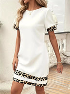 Full Size Leopard Trim Round Neck Mini Dress Plus Size - Hands of Hope