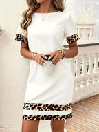 Full Size Leopard Trim Round Neck Mini Dress Plus Size - Hands of Hope