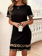 Full Size Leopard Trim Round Neck Mini Dress Plus Size - Hands of Hope