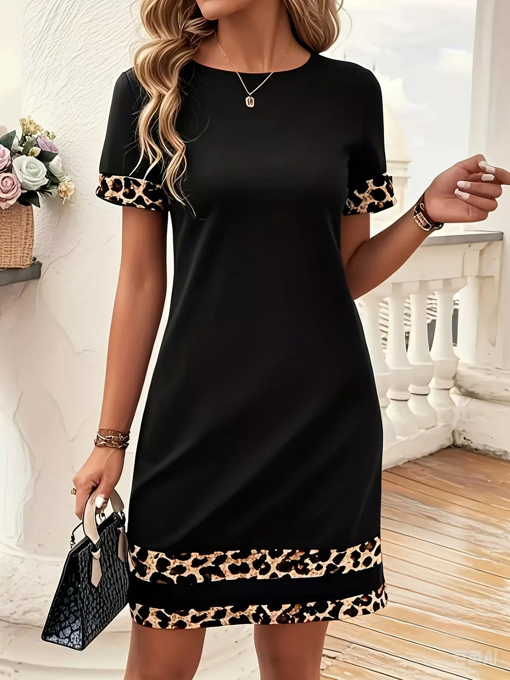Full Size Leopard Trim Round Neck Mini Dress Plus Size - Hands of Hope