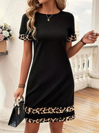 Full Size Leopard Trim Round Neck Mini Dress Plus Size - Hands of Hope