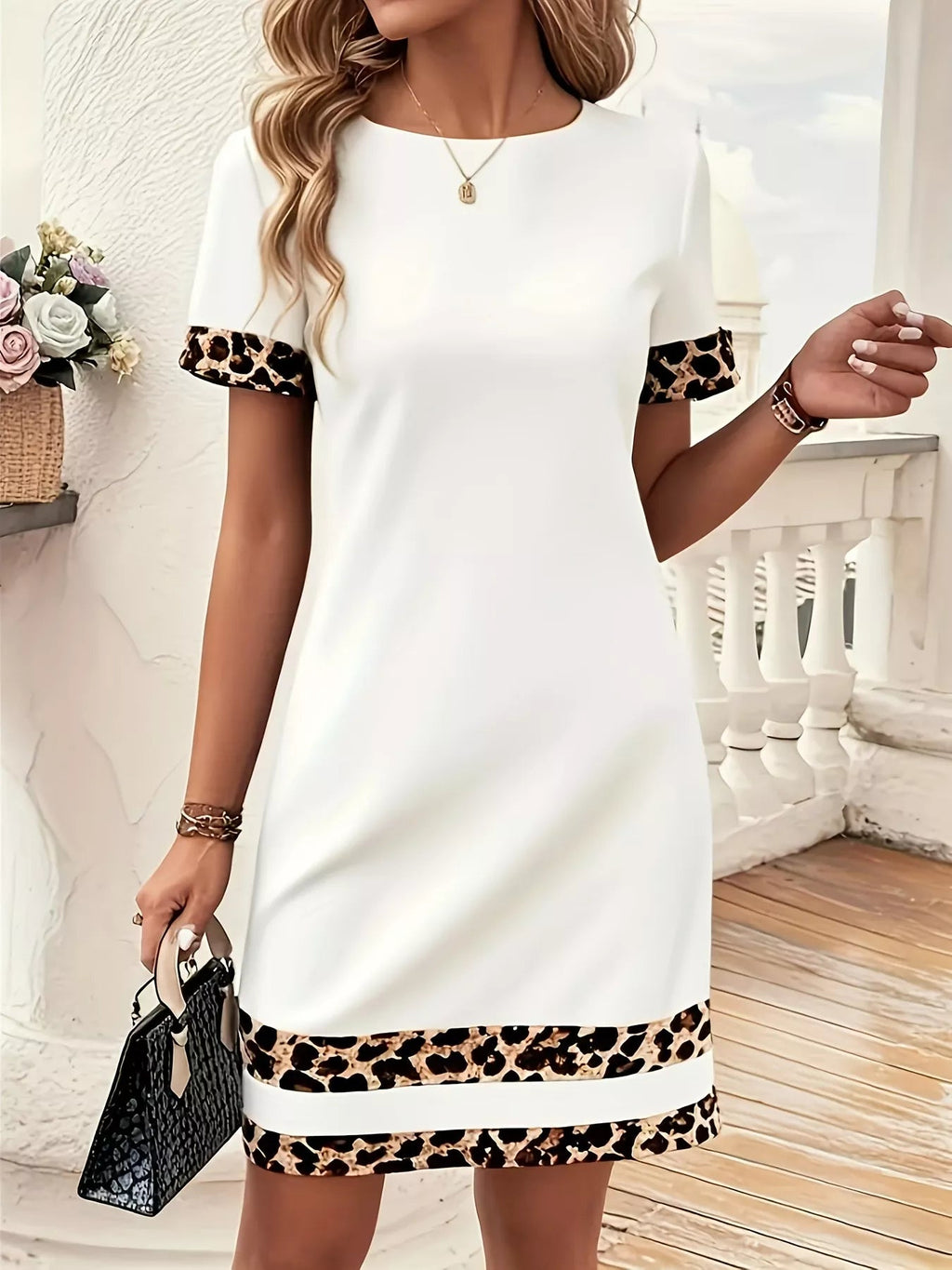 Full Size Leopard Trim Round Neck Mini Dress Plus Size - Hands of Hope