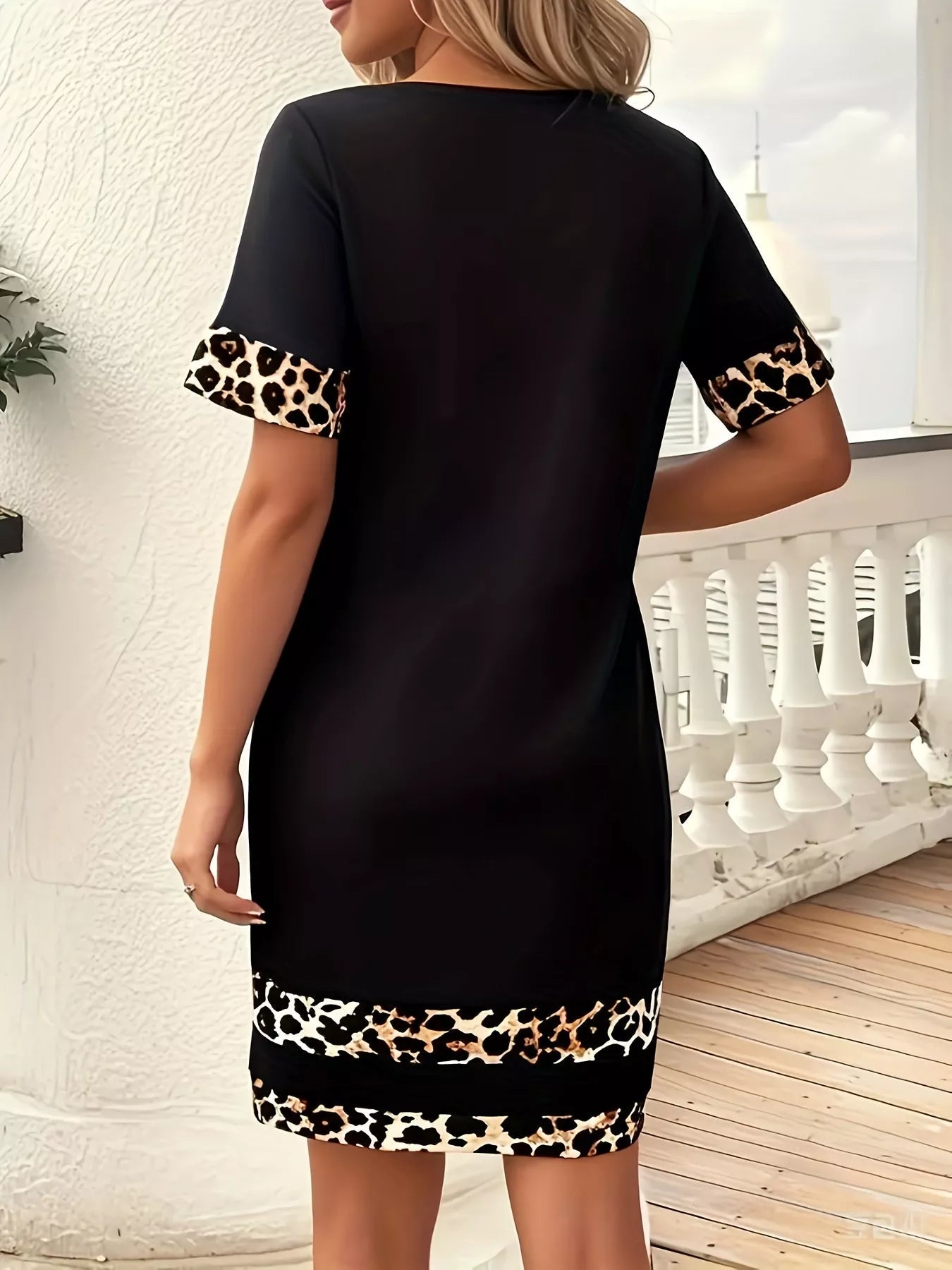 Full Size Leopard Trim Round Neck Mini Dress Plus Size - Hands of Hope