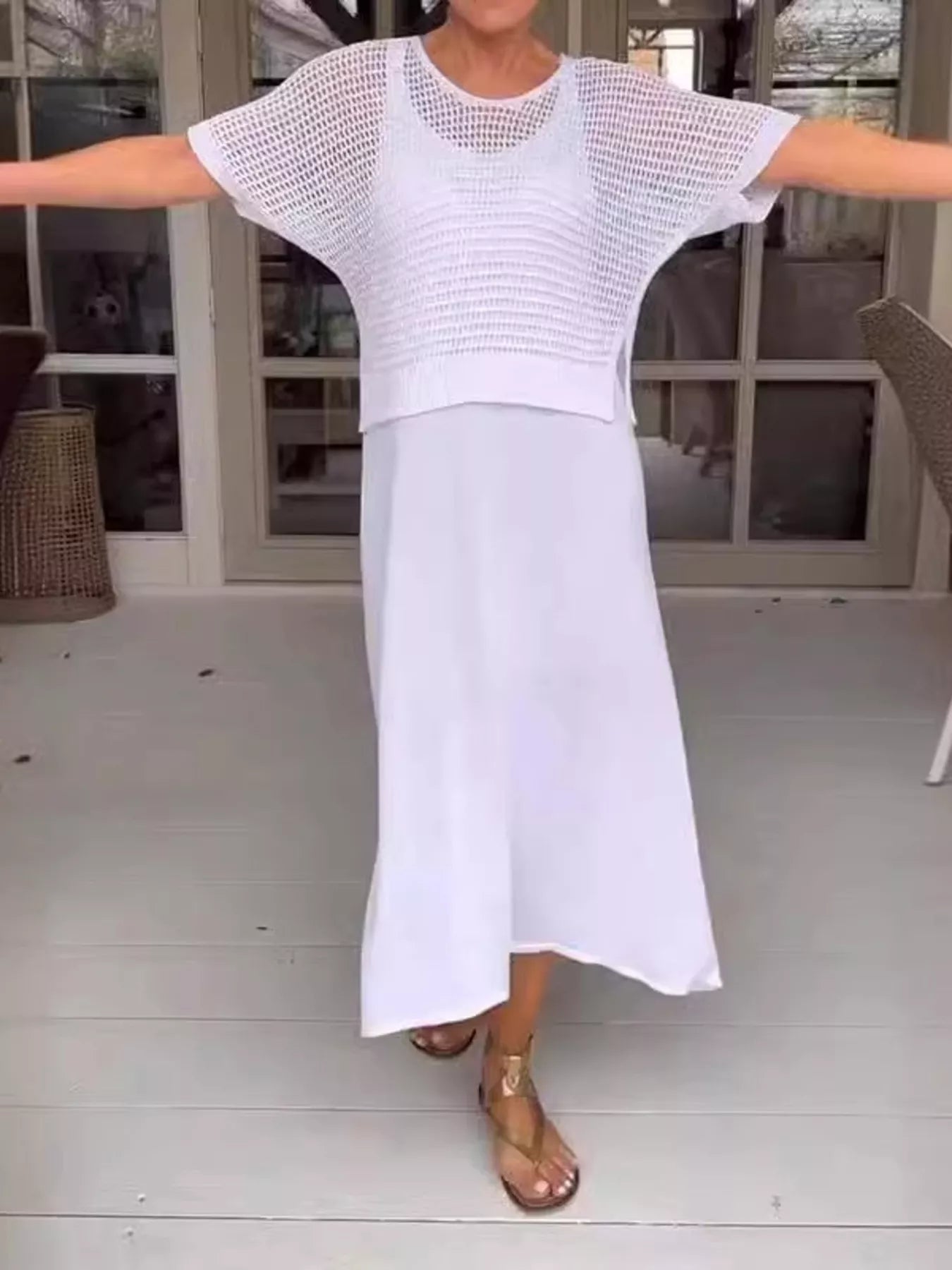 Full Size Openwork Knit Cover Up and Dress Set Plus Size - Hands of Hope