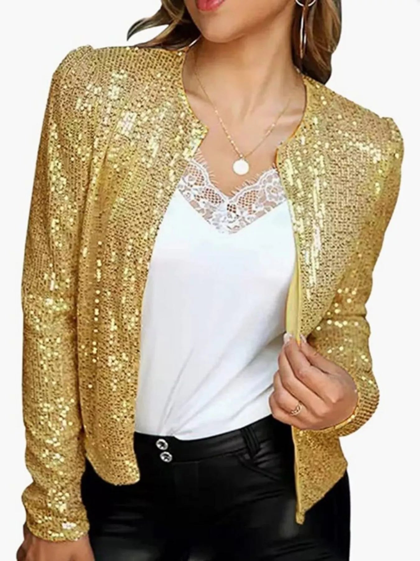 Full Size Sequin Long Sleeve Jacket Plus Size - Hands of Hope