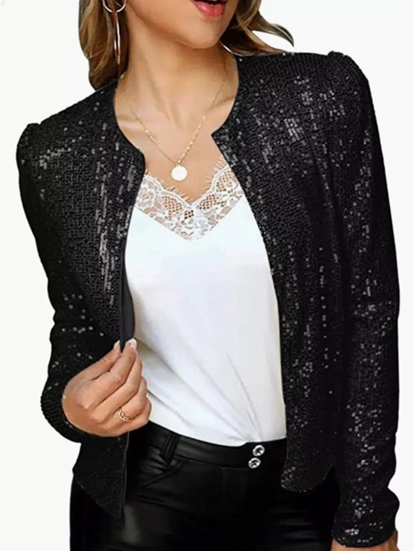 Full Size Sequin Long Sleeve Jacket Plus Size - Hands of Hope