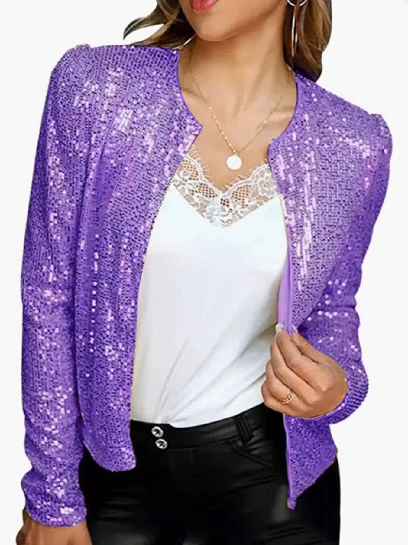 Full Size Sequin Long Sleeve Jacket Plus Size - Hands of Hope