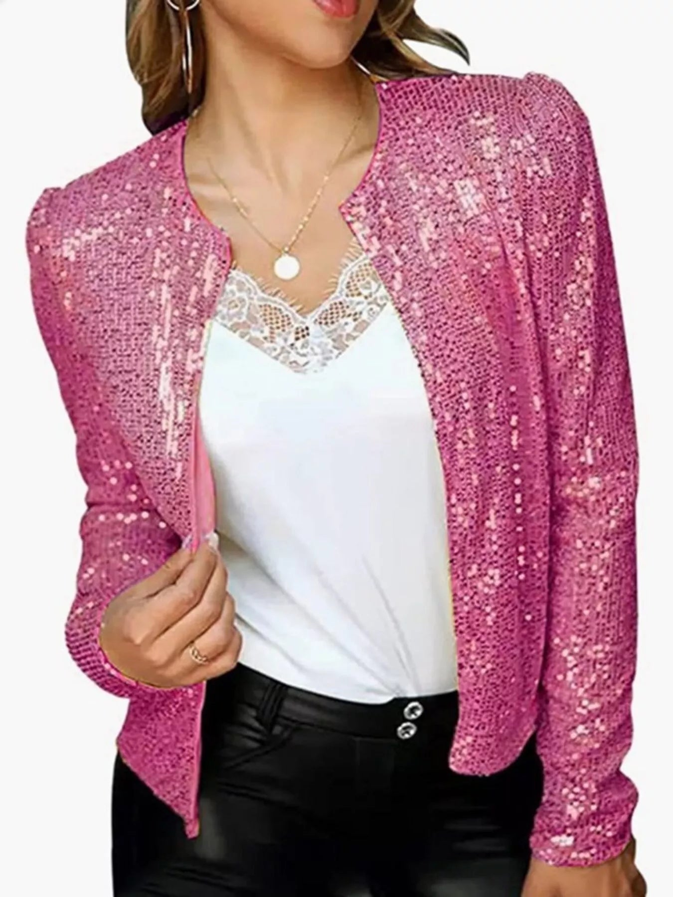 Full Size Sequin Long Sleeve Jacket Plus Size - Hands of Hope