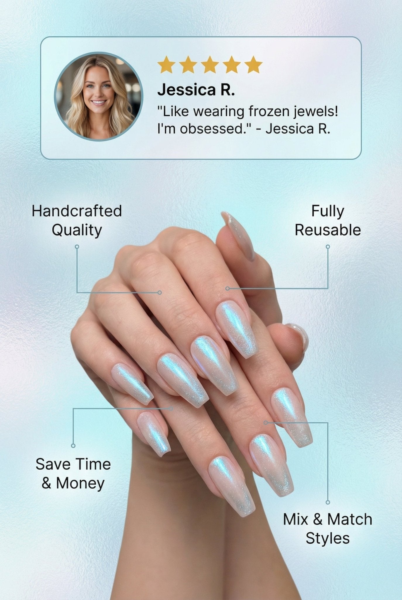 Hand crafted reusable premade manicure set in Ice Ice Baby - Hands of Hope