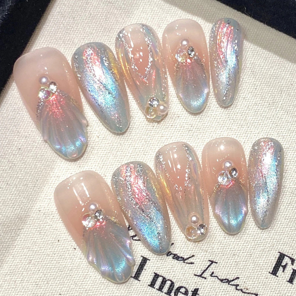 Handmade Press on Nails Blue Aurora Mermaid Fake Nail Patches Wearable Detachable French Pearl Almond False Nail Tips 10pcs - Hands of Hope