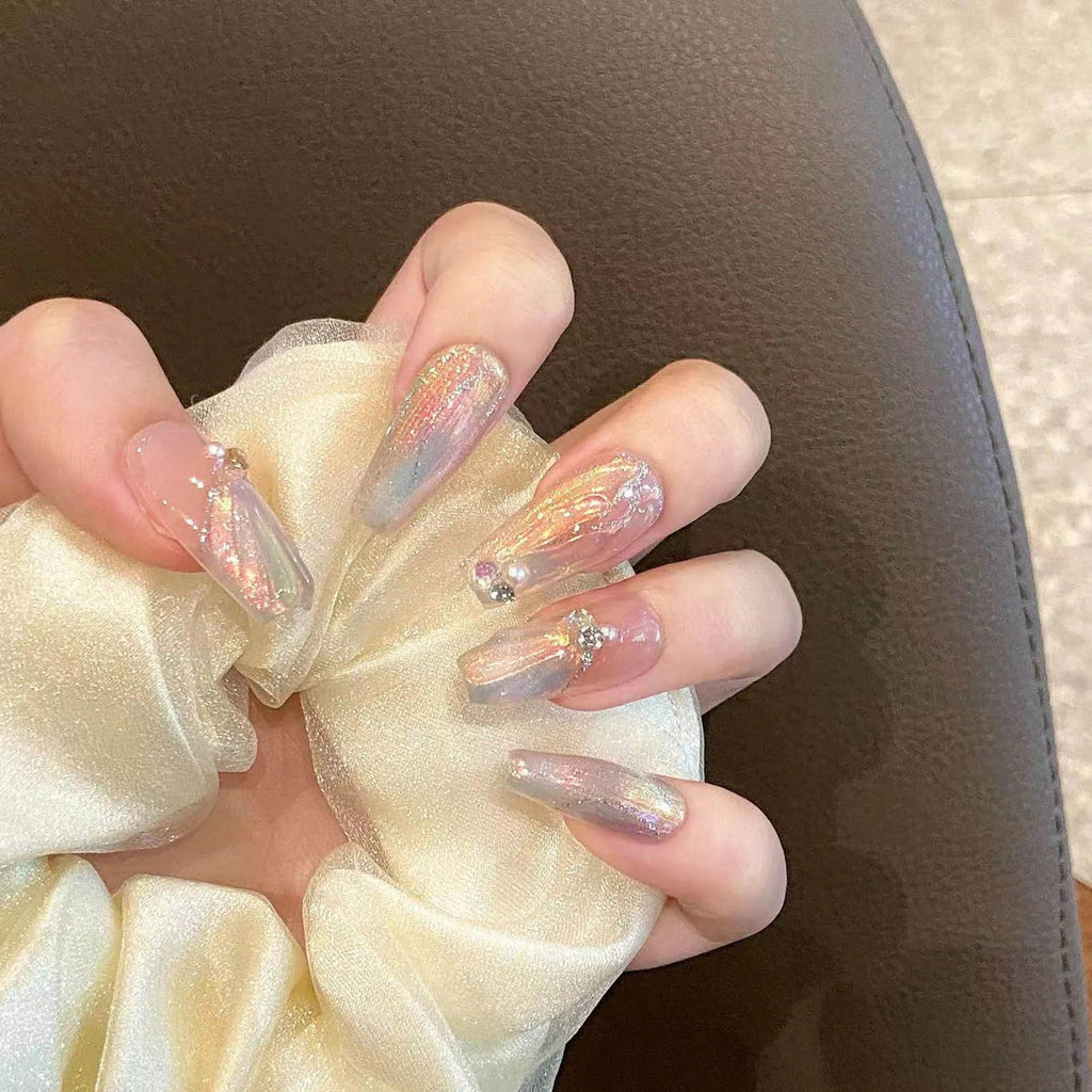 Handmade Press on Nails Blue Aurora Mermaid Fake Nail Patches Wearable Detachable French Pearl Almond False Nail Tips 10pcs - Hands of Hope