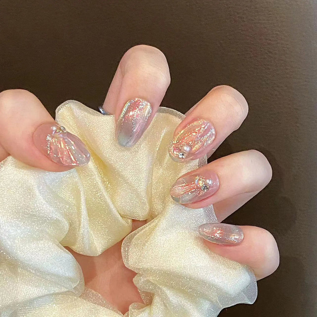 Handmade Press on Nails Blue Aurora Mermaid Fake Nail Patches Wearable Detachable French Pearl Almond False Nail Tips 10pcs - Hands of Hope