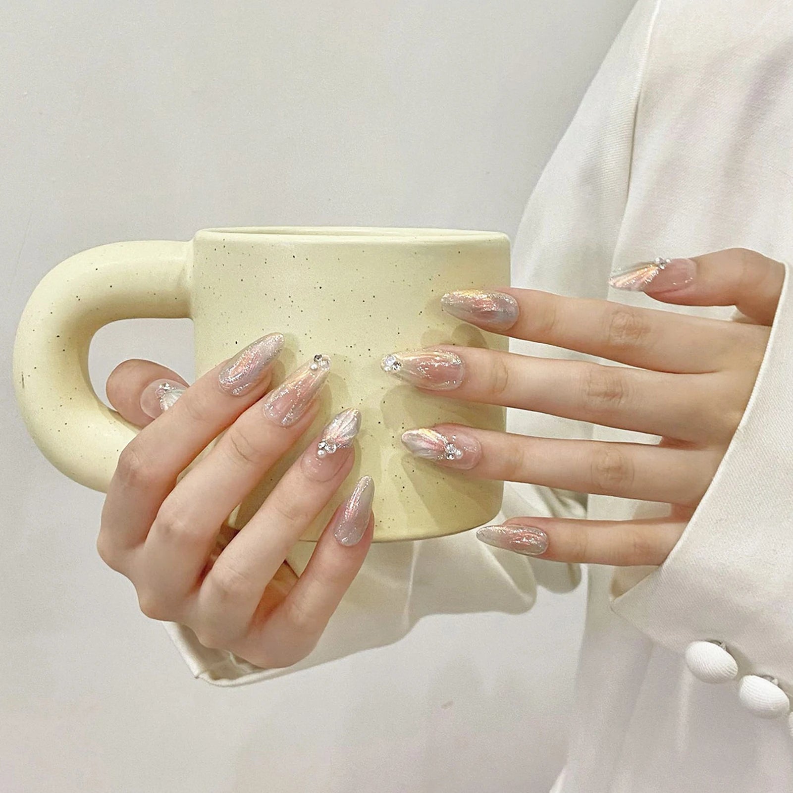 Handmade Press on Nails Blue Aurora Mermaid Fake Nail Patches Wearable Detachable French Pearl Almond False Nail Tips 10pcs - Hands of Hope