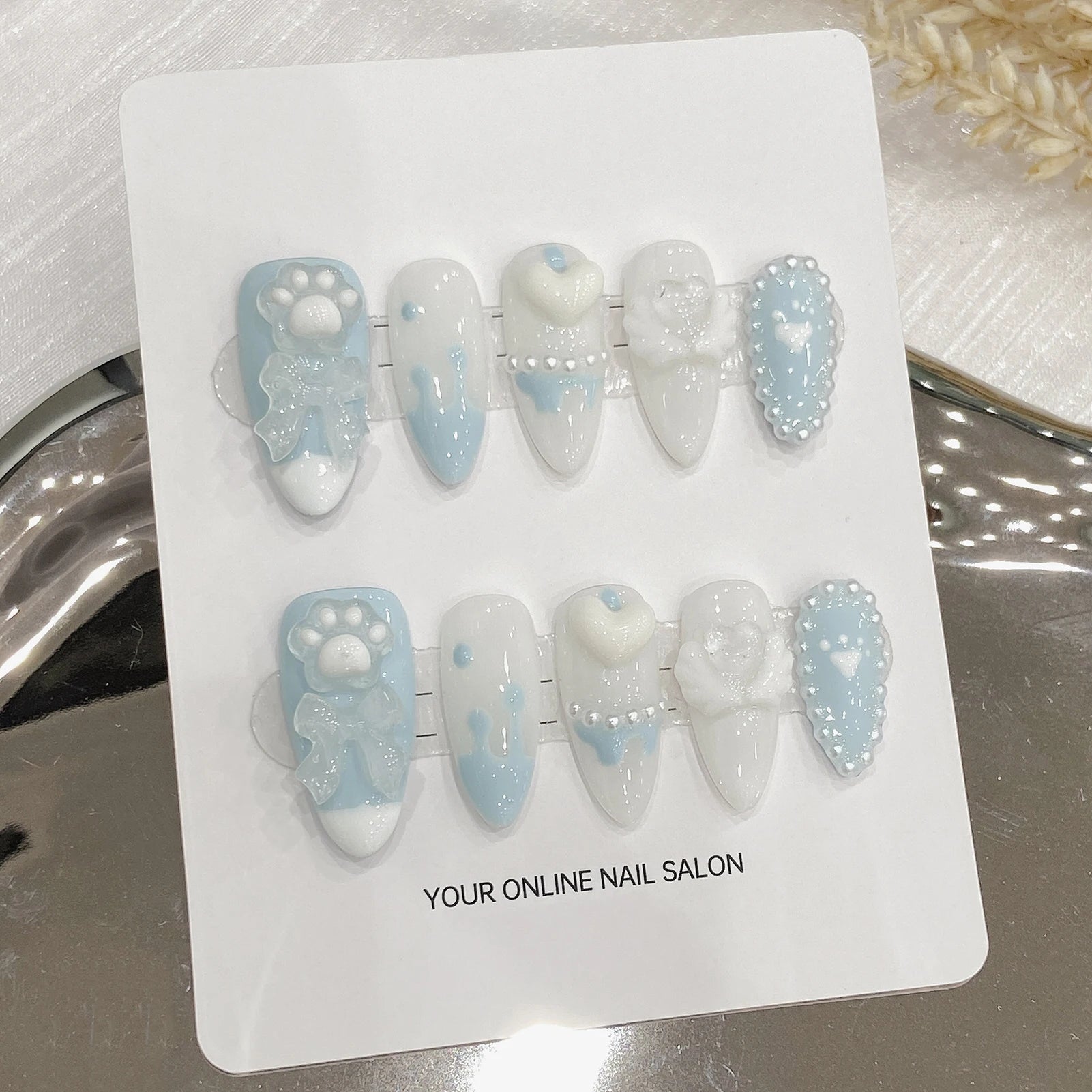 Handmade Press on Nails with Cute Bear Paw Design Light Blue Fake Nails Full Cover Wearable Sweet Korean Almond False Nail Tips - Hands of Hope