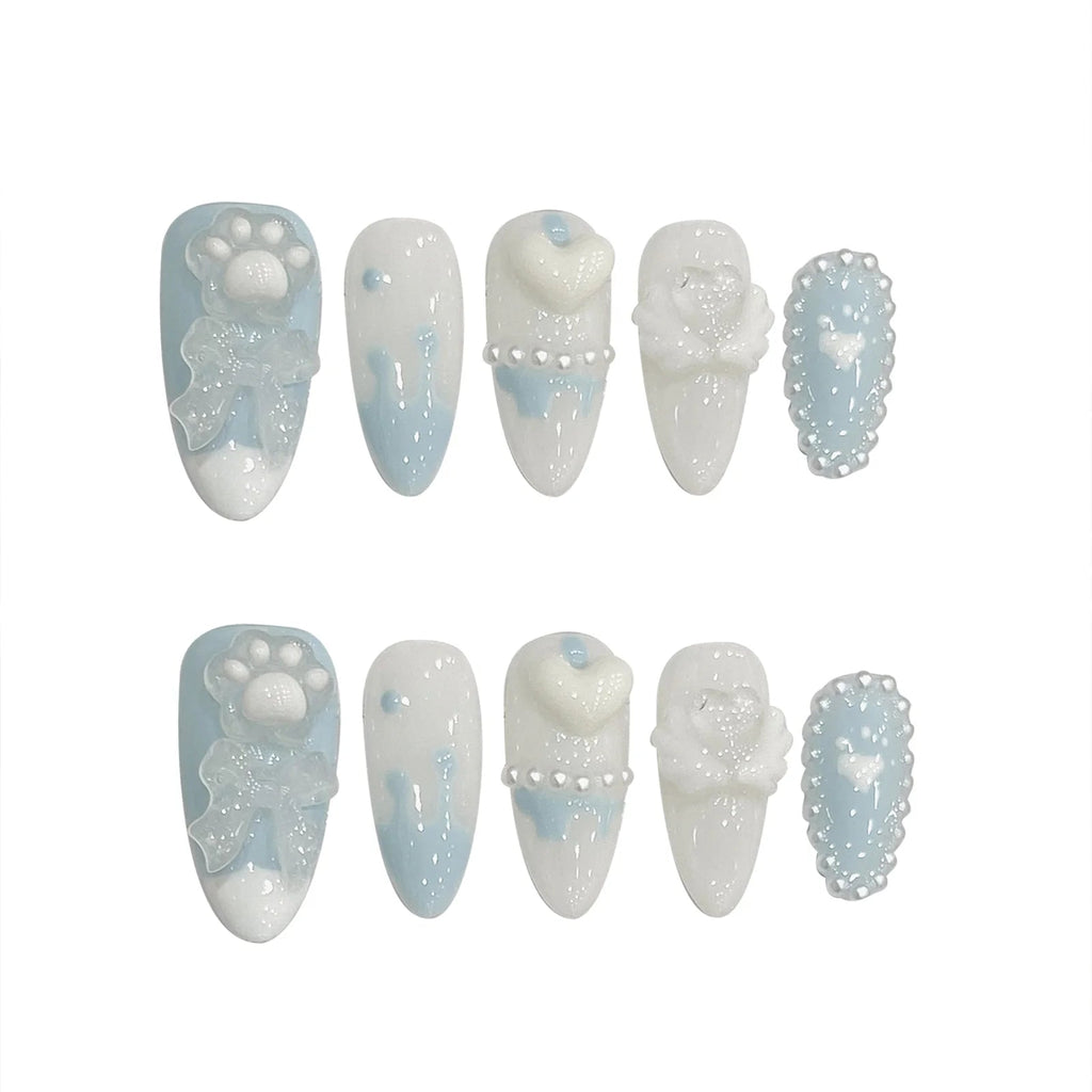 Handmade Press on Nails with Cute Bear Paw Design Light Blue Fake Nails Full Cover Wearable Sweet Korean Almond False Nail Tips - Hands of Hope