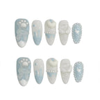 Handmade Press on Nails with Cute Bear Paw Design Light Blue Fake Nails Full Cover Wearable Sweet Korean Almond False Nail Tips - Hands of Hope