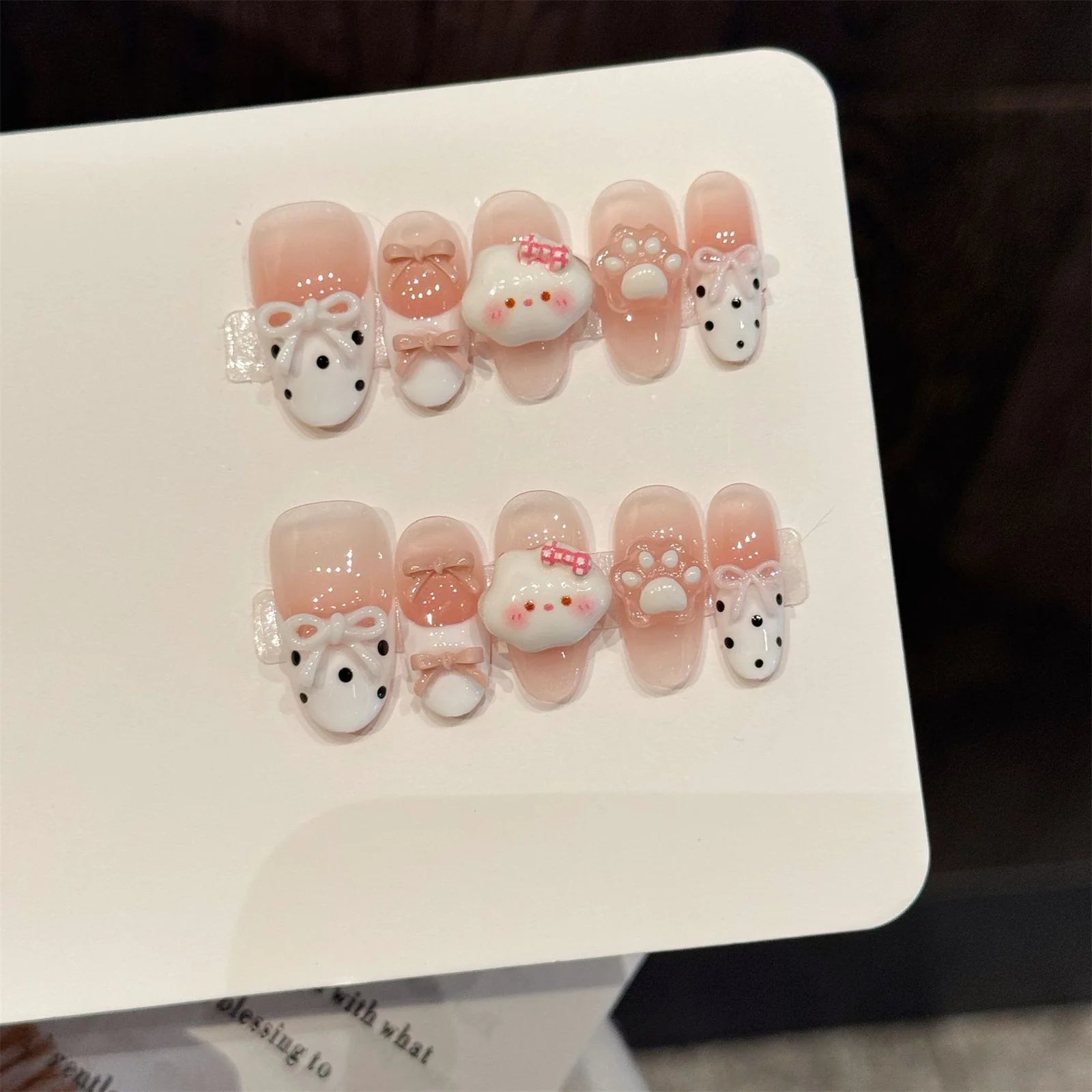 Handmade Press on Nails with Cute Bear Paw Design Light Blue Fake Nails Full Cover Wearable Sweet Korean Almond False Nail Tips - Hands of Hope