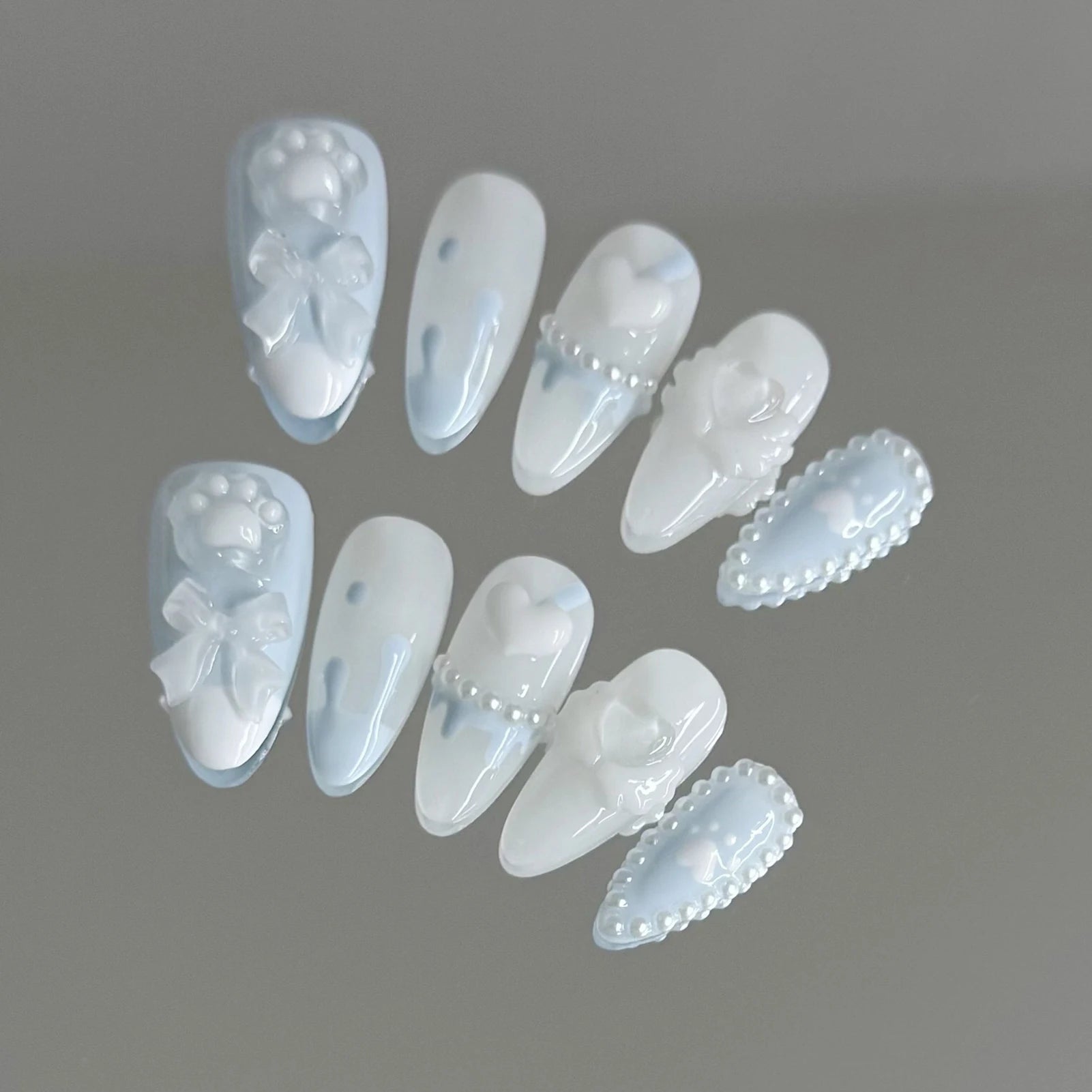 Handmade Press on Nails with Cute Bear Paw Design Light Blue Fake Nails Full Cover Wearable Sweet Korean Almond False Nail Tips - Hands of Hope