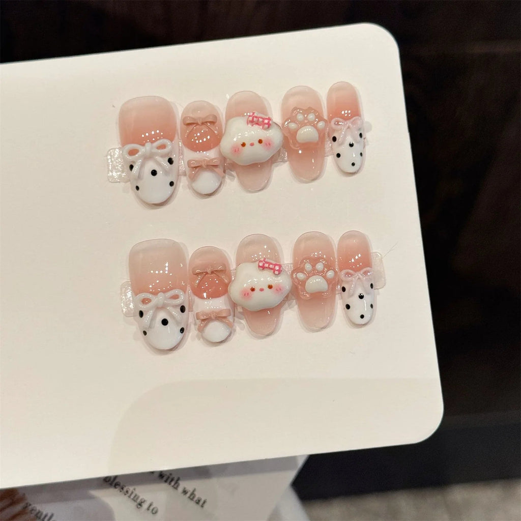 Handmade Press on Nails with Cute Bear Paw Design Light Blue Fake Nails Full Cover Wearable Sweet Korean Almond False Nail Tips - Hands of Hope