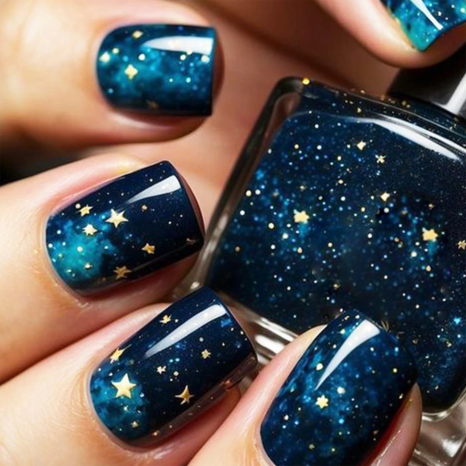 Shiny Blue Fake Nails 24Pcs Short Square Press On Nails Sparkly Gold Star Designs Reusable Acrylic False Nails Tips for Woman - Hands of Hope