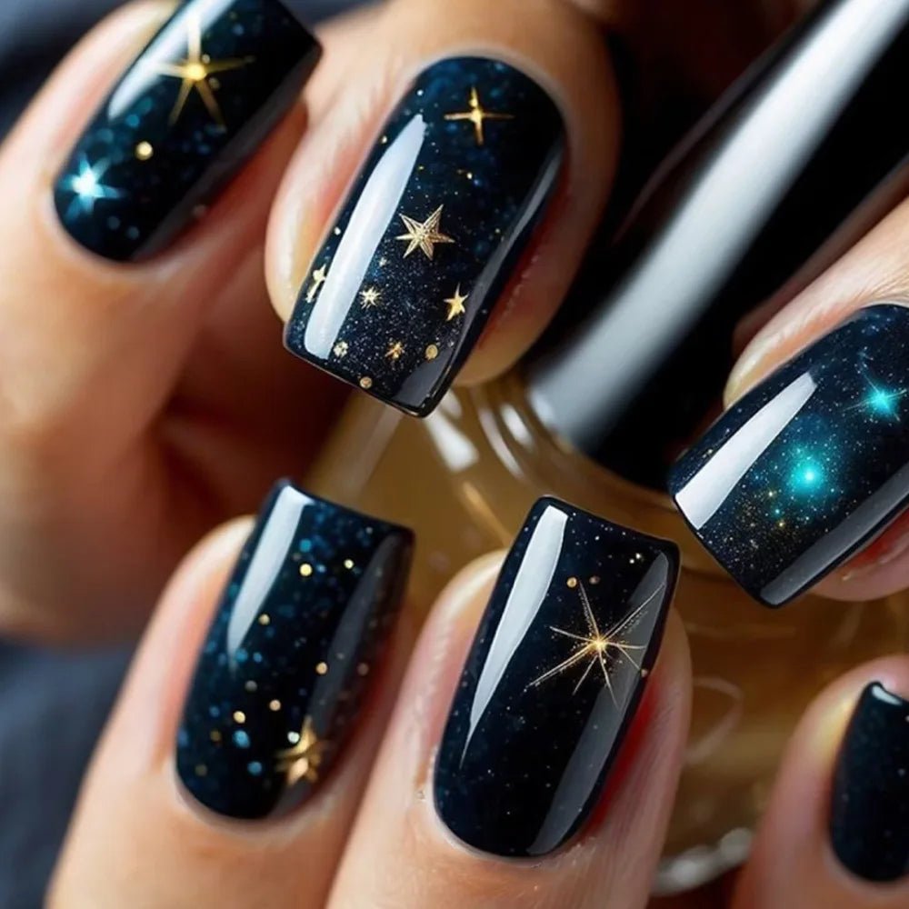 Shiny Blue Fake Nails 24Pcs Short Square Press On Nails Sparkly Gold Star Designs Reusable Acrylic False Nails Tips for Woman - Hands of Hope