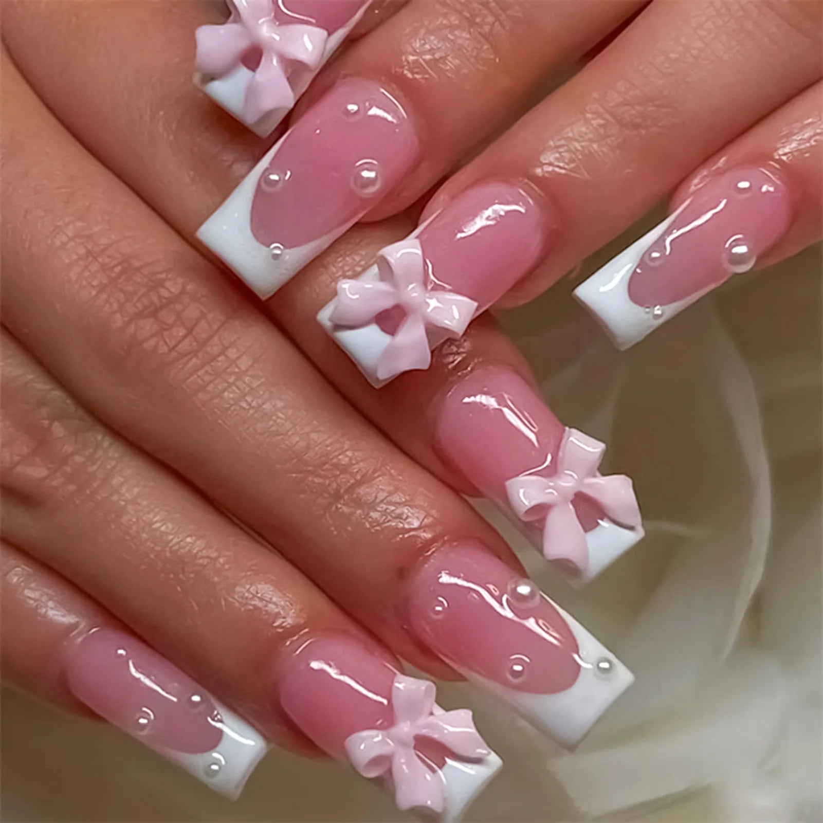 White French 3D Bowknot Nail Set - Hands of Hope