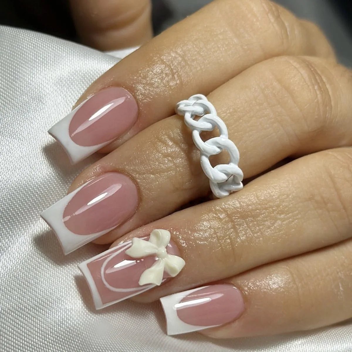 White French 3D Bowknot Nail Set - Hands of Hope