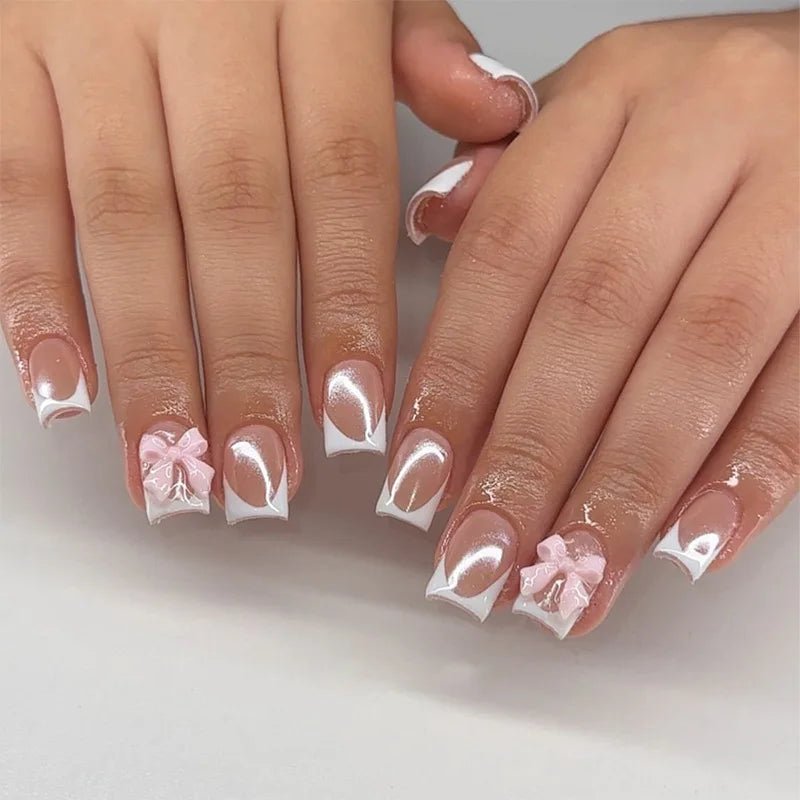 White French 3D Bowknot Nail Set - Hands of Hope